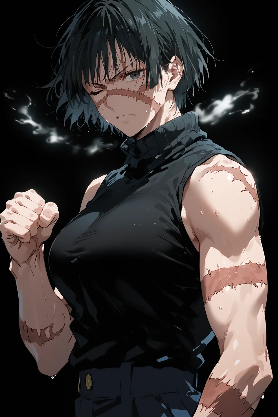 style of jujutsu kaisen,<lora:AIã¤ã©ã¹ããããã:0.4>,<lora:modern_anime_screencap_v1_0:0.8>,source_anime,score_9,score_8_up,score_7_up,score_6_up,dark theme,dark background,looking at viewer,sideways glance,black background,
1girl,solo,<lora:age_slider_v4:1.2>,tomboy,tall female,black hair,short hair,bangs,black eyes,pale skin,petite,toned,large breasts,angry,sweat,from side,scar on face,scar across eye,standing,head tilt,clenched hands,aura,steam,sleeveless,scar,scar on arm,burn scar,black turtleneck sweater,black pants,one eye closed,<lora:Burn_Scar_Lora:0.5>,