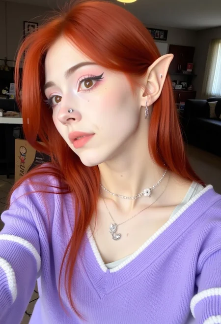 The image is a side-by-side photograph of a young woman KTNK with a striking resemblance to an elf, likely due to her pointed ears, which are a prominent feature. She has fair skin, long, straight auburn hair, and is wearing a light purple, V-neck sweater with white accents. Her makeup is subtle yet noticeable, with a hint of pink eyeshadow and winged eyeliner. She has a small nose ring and is wearing a choker necklace with a silver pendant.