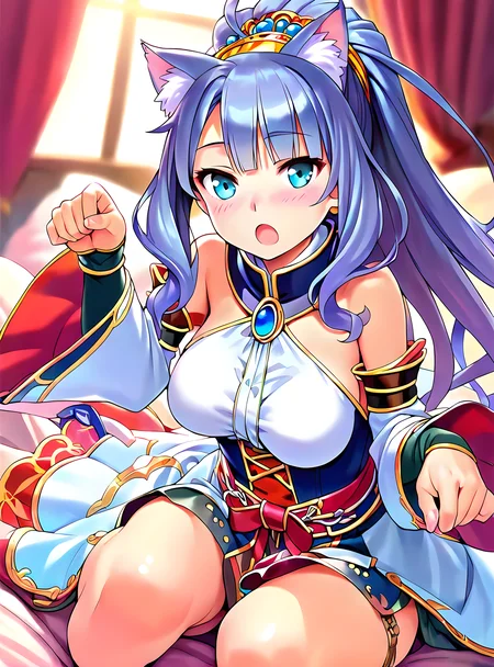 <lora:pony_xl_Priscilla:0.8>,Priscilla,score_9,score_8_up,score_7_up,source_anime,1girl,:d,fun,blush,open mouth,detached sleeves,breasts,cat ears,paw pose,knees_together_feet_apart,wariza,bedroom,