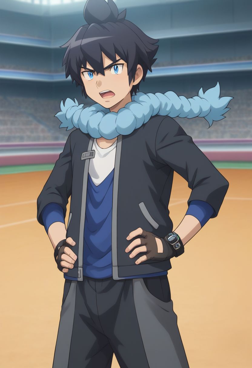 score_9, score_8_up, score_7_up, source_anime, highly detailed, 1boy, solo, male_focused, skinny, slender, 
1boy, male focus, gloves, scarf, blue eyes, solo, fingerless gloves, black hair, open mouth, determined, hands on hips, half body,
indoor, pokemon gym, artificial lighy
