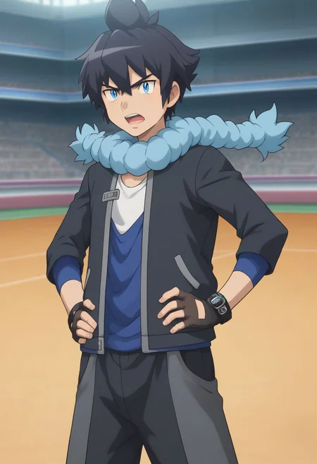 score_9, score_8_up, score_7_up, source_anime, highly detailed, 1boy, solo, male_focused, skinny, slender,
1boy, male focus, gloves, scarf, blue eyes, solo, fingerless gloves, black hair, open mouth, determined, hands on hips, half body,
indoor, pokemon gym, artificial lighy