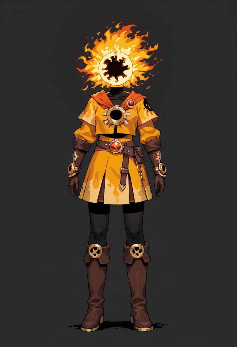 score_9, score_8_up, score_7_up,
lord_of_frenzy, fire head, full body,
novakin, faceless, no eyes, no mouth, no nose, no facial features, short fiery yellow orange hair, body made of black plasma,
magical girl outfit, steampunk dress, boots, brown shorts, black tights, medium breasts, belt,
simple background, gray background,
2D, flat shading, flat color, jaggy lines