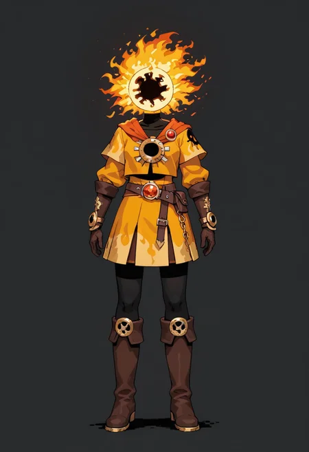 score_9, score_8_up, score_7_up,
lord_of_frenzy, fire head, full body,
novakin, faceless, no eyes, no mouth, no nose, no facial features, short fiery yellow orange hair, body made of black plasma,
magical girl outfit, steampunk dress, boots, brown shorts, black tights, medium breasts, belt,
simple background, gray background,
2D, flat shading, flat color, jaggy lines