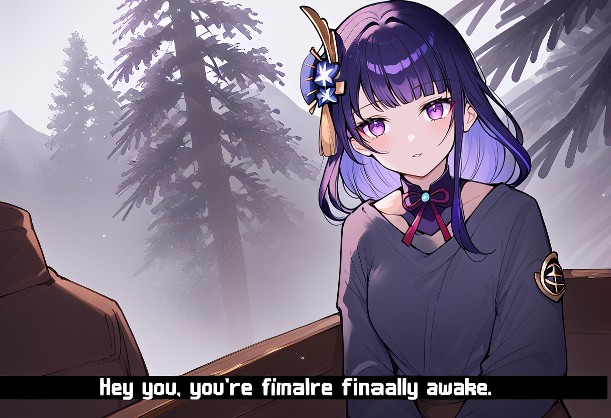 (score_9:0.9),score_8_up,score_7_up,anime style,rating_safe,grey_skin,snow,low light,
BREAK hey you - you're finally awake, 1girl, raiden shogun, purple hair, purple eyes, hair ornament, mole under eye, bangs, long hair, mole, 1boy, looking at viewer, long sleeves, breasts, shirt,<lora:hey you, you're finally awake ponyXL v3.5:0.8>,