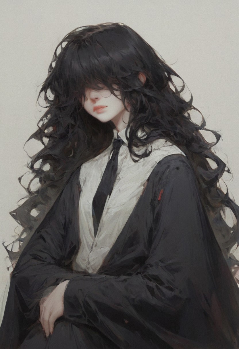 score_9, score_8_up, score_7_up, score_6_up, score_5_up, score_4_up, Gothic art style, GOTHIC, bloodborn artstyle, extreme detail, MartinaLOR, noir, ((gothic rococo art style)), Masterpiece,  Best Quality, 1girl, young girl, beautiful, high res image, perfection, negative_hand, white shirt, black necktie,  black hair, long hair, hair over eyes, black pants, black footwear, black suit and tie ,ng_deepnegative_v1_75t,  (extremely detailed face and eyes), professional lighting.  long black hair, long curly hair, formal, black sleeves, detailed clothing, pale skin, tired eyes, tired expression, soft face, (black white clock design eyes), petite girl,  malevolent,  (cloak like markings on females face),  head tilt, dynamic, ,((dramatic composition)), dark lighting, dark atmosphere, black and white aura, dark undertones, stiches, stitched face,