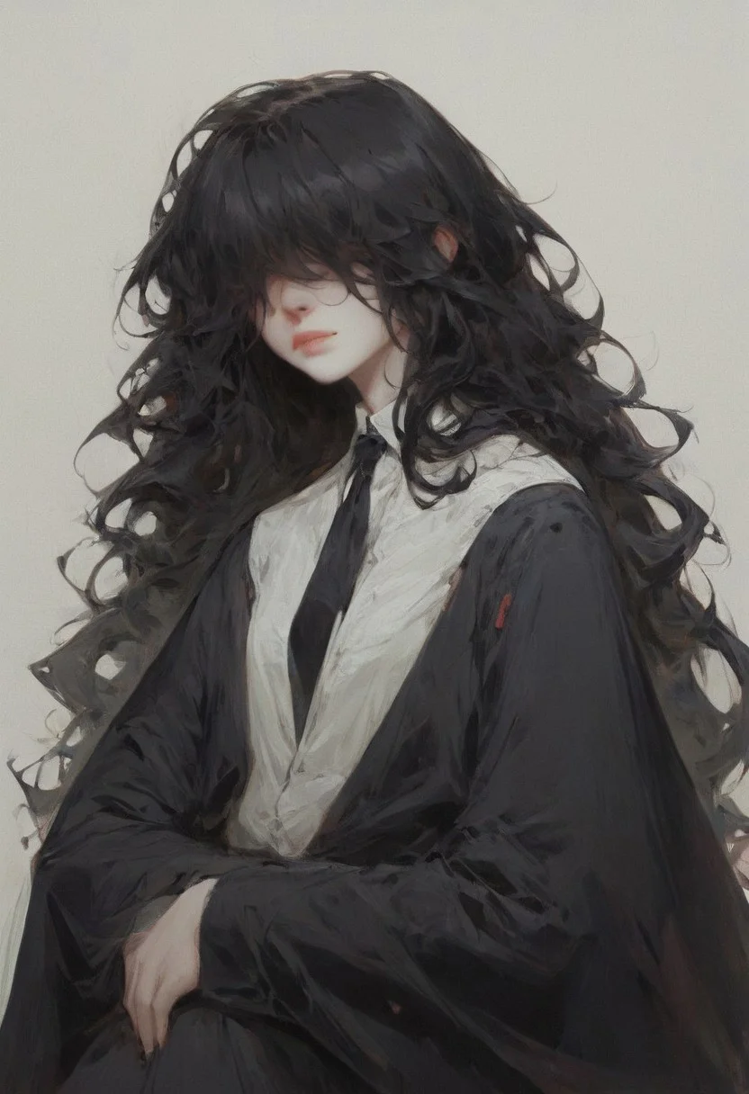 score_9, score_8_up, score_7_up, score_6_up, score_5_up, score_4_up, Gothic art style, GOTHIC, bloodborn artstyle, extreme detail, MartinaLOR, noir, ((gothic rococo art style)), Masterpiece,  Best Quality, 1girl, young girl, beautiful, high res image, perfection, negative_hand, white shirt, black necktie,  black hair, long hair, hair over eyes, black pants, black footwear, black suit and tie ,ng_deepnegative_v1_75t,  (extremely detailed face and eyes), professional lighting.  long black hair, long curly hair, formal, black sleeves, detailed clothing, pale skin, tired eyes, tired expression, soft face, (black white clock design eyes), petite girl,  malevolent,  (cloak like markings on females face),  head tilt, dynamic, ,((dramatic composition)), dark lighting, dark atmosphere, black and white aura, dark undertones, stiches, stitched face,