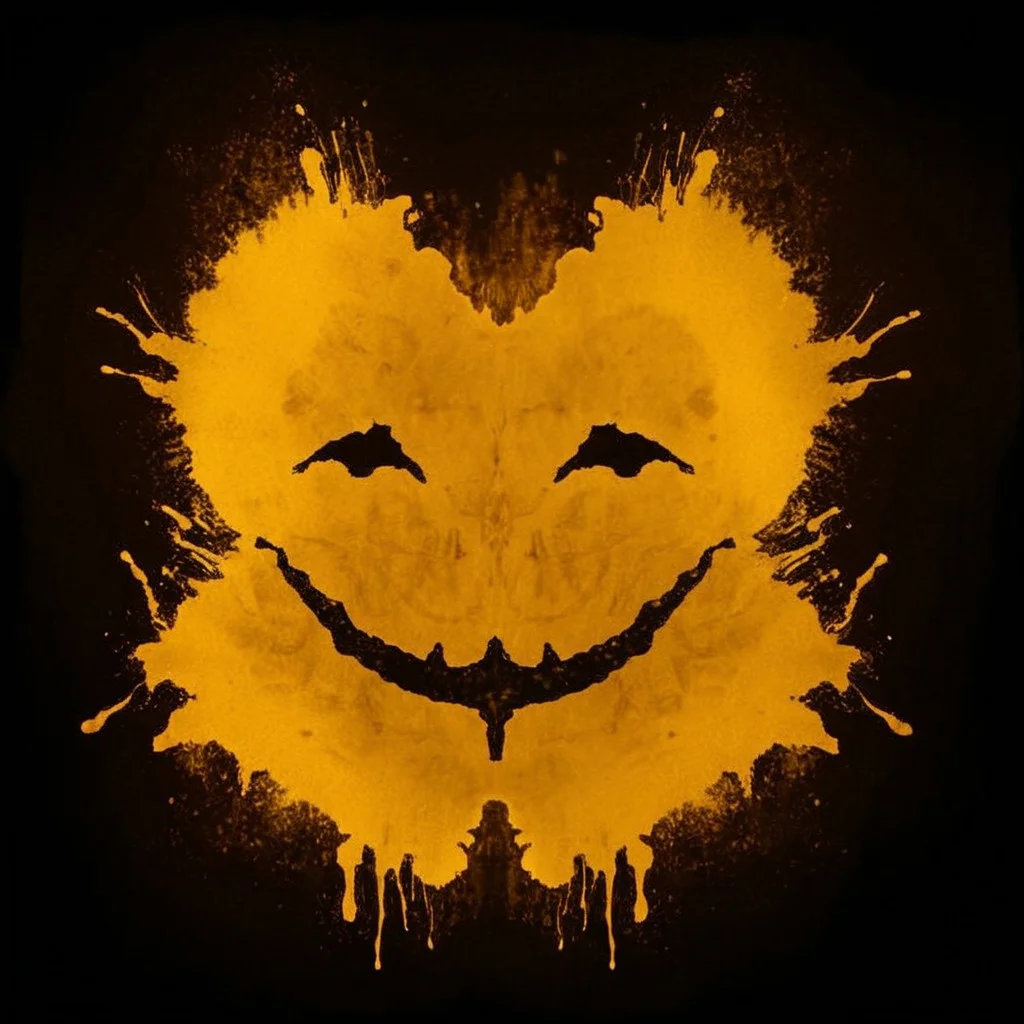 A rorschach-test resembling laughing Face, dark Amber and golden translucent ink splashes