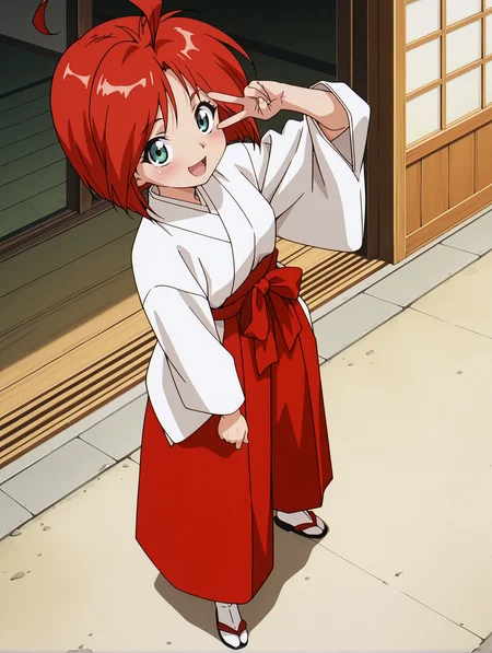 masterpiece,best quality,amazing quality,
1girl,solo,
anime screencap,<lora:hinageshi_ilxl_v1.1:1>,hinageshi,ahoge,green eyes,h_clothes,miko,red hakama,<lora:Fixhands_anime_bdsqlsz_V1:1>,looking_at_viewer,:d,light_blush,standing,v over eye,