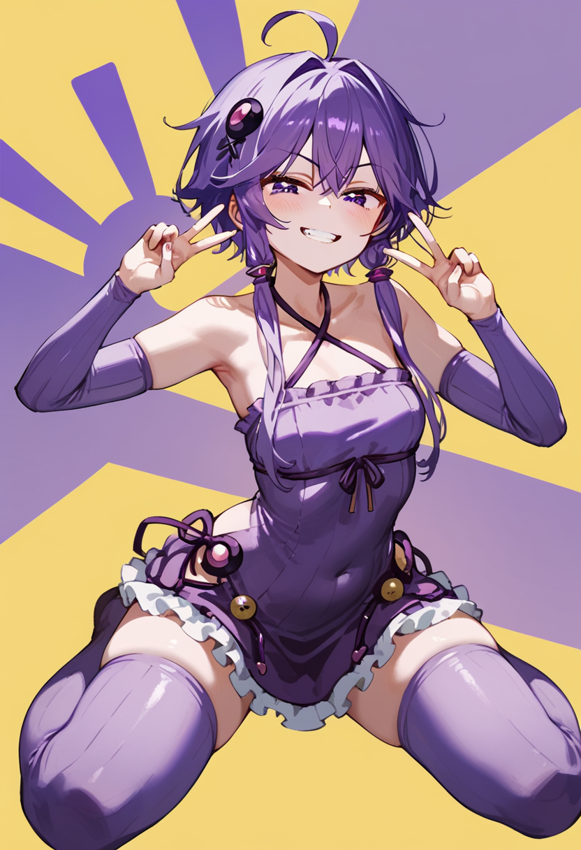 score_9_up, score_8_up, score_7_up,
 <lora:YuzukiYukari_Uzai_V1:1>
yuzuki yukari, purple eyes, purple hair, ahoge, bangs, short hair with long locks, hair intakes, hair ornament, small breasts, 
collarbone, criss-cross halter, breasts, halterneck, covered navel, bare shoulders, 
sleeveless dress, purple dress,  halter dress, Long sleeve, purple sleeve, zettai ryouiki, ribbon, thighs, sleeveless,  purple thighhighs, frills, 
smug, smirk, blush, teeth, peace sign, double peace sign,
yellow background, simple bacground,,
(mature female:1), huge brests:1,