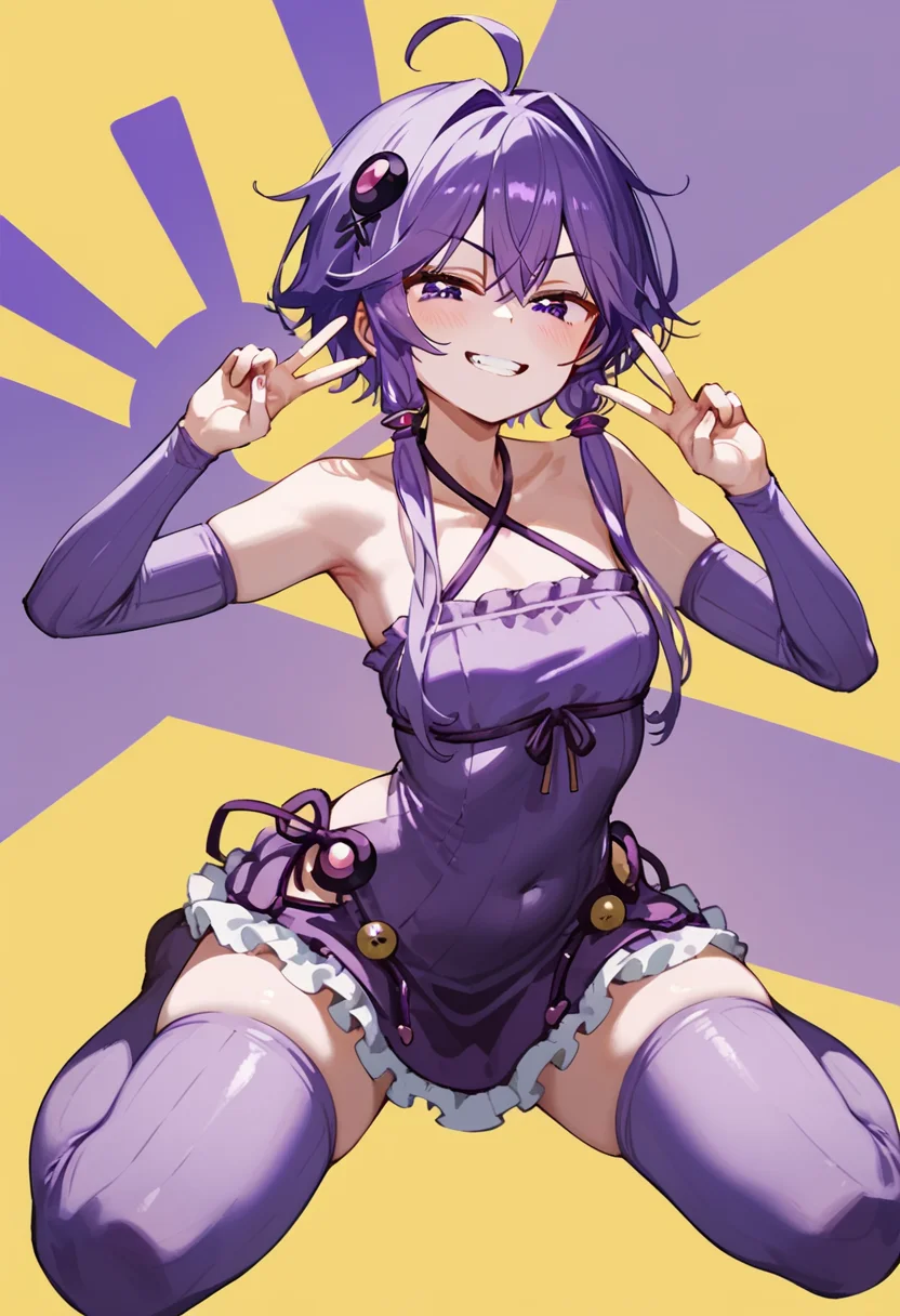 score_9_up, score_8_up, score_7_up,
<lora:YuzukiYukari_Uzai_V1:1>
yuzuki yukari, purple eyes, purple hair, ahoge, bangs, short hair with long locks, hair intakes, hair ornament, small breasts,
collarbone, criss-cross halter, breasts, halterneck, covered navel, bare shoulders,
sleeveless dress, purple dress, halter dress, Long sleeve, purple sleeve, zettai ryouiki, ribbon, thighs, sleeveless, purple thighhighs, frills,
smug, smirk, blush, teeth, peace sign, double peace sign,
yellow background, simple bacground,,
(mature female:1), huge brests:1,