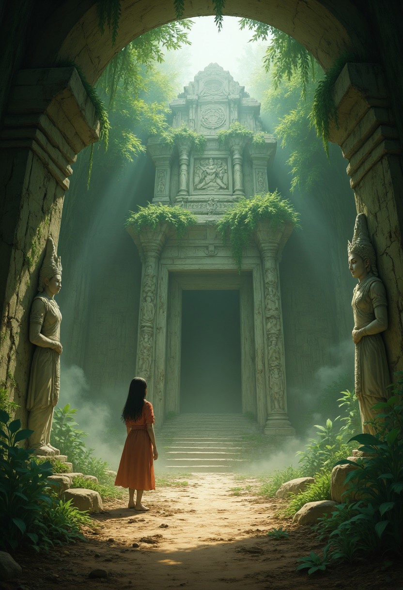 crumbling ancient temple deep in a dense jungle, overgrown with vines and moss, statues of forgotten gods standing guard at the entrance, intricate carvings and murals depicting scenes from ancient myths on the walls, shafts of sunlight filtering through cracks in the ceiling, illuminating the dust-filled air, eerie, mysterious atmosphere, sense of hidden secrets and forgotten history
 aidmaIllustriousStyle