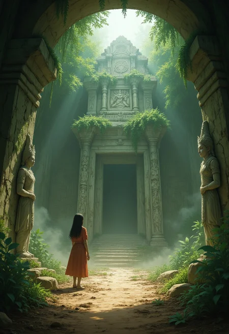 crumbling ancient temple deep in a dense jungle, overgrown with vines and moss, statues of forgotten gods standing guard at the entrance, intricate carvings and murals depicting scenes from ancient myths on the walls, shafts of sunlight filtering through cracks in the ceiling, illuminating the dust-filled air, eerie, mysterious atmosphere, sense of hidden secrets and forgotten history
aidmaIllustriousStyle