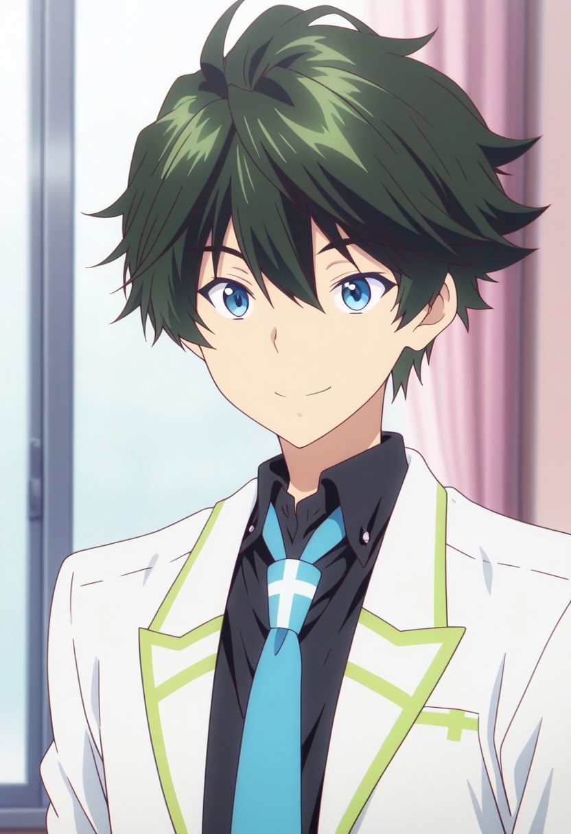 masterpiece,best quality,amazing quality, source_anime, 
HaruhikoIchijo, 1boy, male focus, solo, blue eyes, green hair, school uniform, shirt, black shirt, collared shirt, necktie, blue necktie, jacket, blazer, white jacket, open jacket, smile,