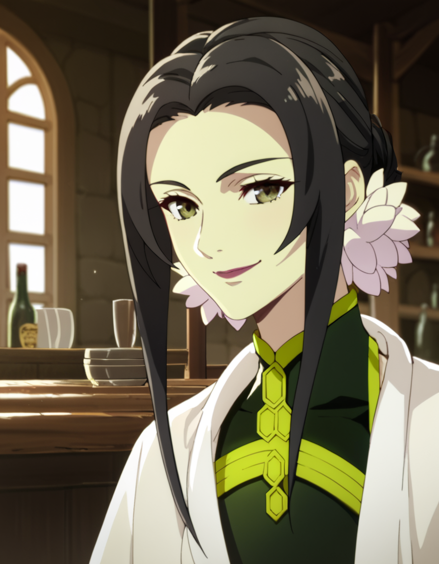 score_9, score_8_up, score_7_up, score_6_up, score_5_up, score_4_up, source_anime,  OstHorai, black hair,  portrait, sitting, tavern, smile