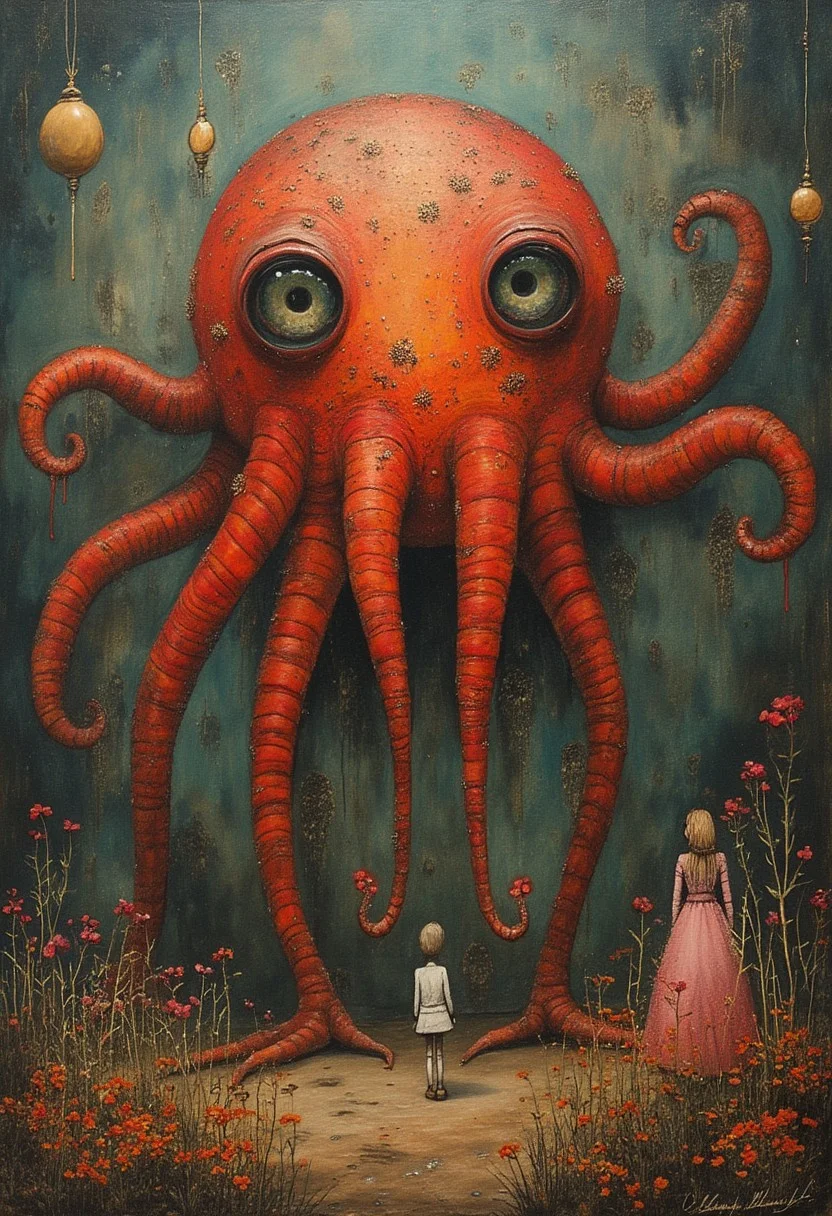 indoor,people,flowers,Multi eyed monster,style of John Kenn Mortensen