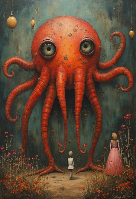 indoor,people,flowers,Multi eyed monster,style of John Kenn Mortensen