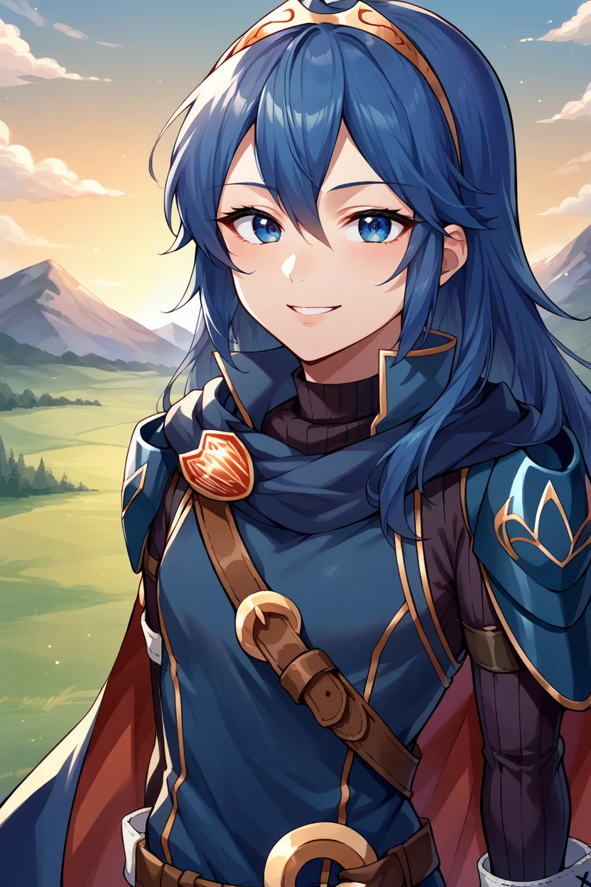 score_9, score_8_up, score_7_up, score_6_up, source_anime BREAK 1girl, <lora:lucina-pdxl-nvwls-v1-000005:1> defLuci, long hair, tiara, cape, shoulder armor, blue tunic, long sleeves, cuffs, blue scarf, fingerless gloves, belt, pants, upper body, looking at you, smile, sunset, mountains, field