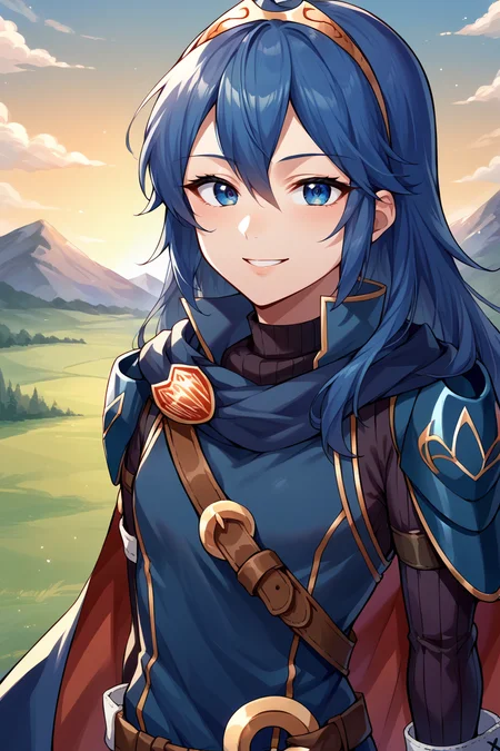 score_9, score_8_up, score_7_up, score_6_up, source_anime BREAK 1girl, <lora:lucina-pdxl-nvwls-v1-000005:1> defLuci, long hair, tiara, cape, shoulder armor, blue tunic, long sleeves, cuffs, blue scarf, fingerless gloves, belt, pants, upper body, looking at you, smile, sunset, mountains, field