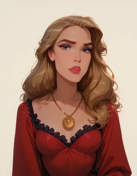 <lora:Disney_Style:.9> <lora:princess_xl_v2:.75> <lora:add-detail-xl:.9> <lora:g0th1cPXL:.3> <lora:Cherry-Gig:.45> <lora:Expressive_H:1> <lora:PLASTT_PonyV6:1> <lora:Elizabeth_Swann_ZairaSass_v1:1> score_9, score_8_up, score_7_up, zPDXL, DisneyRenstyle, score_9,score_8_up,score_7_up,score_6_up,
(white background, plain background, ambient light), (standing, 3/4 view),
1girl, solo, sexy 18 year old, british girl, (Elizabeth Swann, Black Pearl), perfect face, beautiful face, defined cheekbones, defined jawline, light brown hair, thick hair, thick dark eyebrows, dark brown eyes, dark lashes, thin lips, nude colored lips,
confident expression, narrow eyes, one hand on hip, perfect hands, 5 fingers, slender waist, tall, slender, sexy,
big red dress, red sleeves, black frills, white tunic, gold medallion necklace,