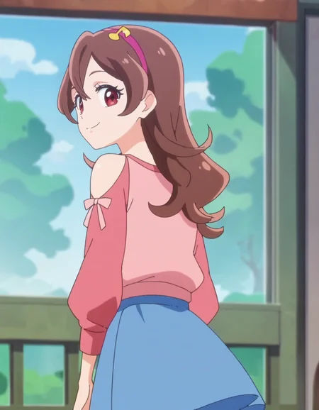 score_9, score_8_up, score_7_up, anime screencap, solo,1girl,sakurauta, smile, blue skirt, hairband, looking at viewer,long sleeves, shoulder cutout, pink shirt,cowboy shot,from behind,<lora:sakurauta_pony_v2:0.8>