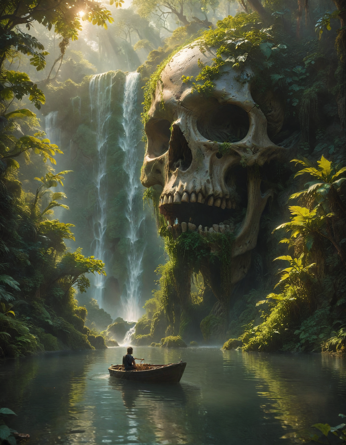 cinematic, serene natural scene, a person in a small boat on a calm body of lake, an impressive waterfall cascading down from a giant creatureâs skull with lush vegetation growing around it, The skull should be seamlessly integrated into the landscape, ethereal and mystical atmosphere, Sunlight should filter through the canopy above, highlighting the tranquil and otherworldly quality of the scene, beautiful reflection, realistic, <lora:sdxl_lightning_8step_lora:1>, <lora:zavy-cntrst-sdxl:1>, <lora:SDXLFaeTastic2400:0.5>, <lora:Warm Lighting Style:0.4>, <lora:MJ52:0.4>