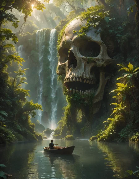 cinematic, serene natural scene, a person in a small boat on a calm body of lake, an impressive waterfall cascading down from a giant creatureâs skull with lush vegetation growing around it, The skull should be seamlessly integrated into the landscape, ethereal and mystical atmosphere, Sunlight should filter through the canopy above, highlighting the tranquil and otherworldly quality of the scene, beautiful reflection, realistic, <lora:sdxl_lightning_8step_lora:1>, <lora:zavy-cntrst-sdxl:1>, <lora:SDXLFaeTastic2400:0.5>, <lora:Warm Lighting Style:0.4>, <lora:MJ52:0.4>