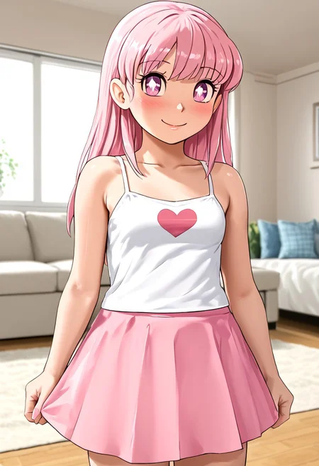 score_4,score_5,score_6,score_7_up,score_8_up,score_9 ((masterpiece,best quality,ultra detailed,highres,HD,4k:1.2)), 
1 girl,solo,face focus,
Fujiko.F.Fujio,White pupils,,Eyelashes,
pink hair,pink eyes,long hair,straight hair,bangs,
camisole, skirt, bare shoulders, bare arms,
indoors,living room.
smile, blush,
