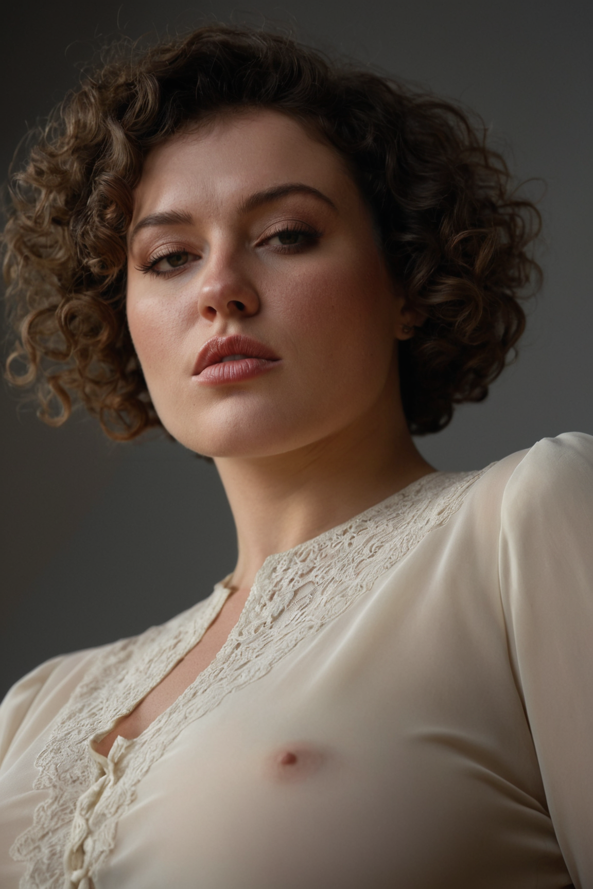 from below, close up, dutch angle, a woman, Serbian, chubby, short hair, curly hair, nice-looking, seductive, wearing Eco-Conscious Crêpe de Chine Blouse, by Erwin Olaf, realistic, high detailed skin, shallow depth of field, (masterpiece, high quality:1.1), (highly intricate details:1.1), (best quality:1.1) (8K, UHD:1.1)