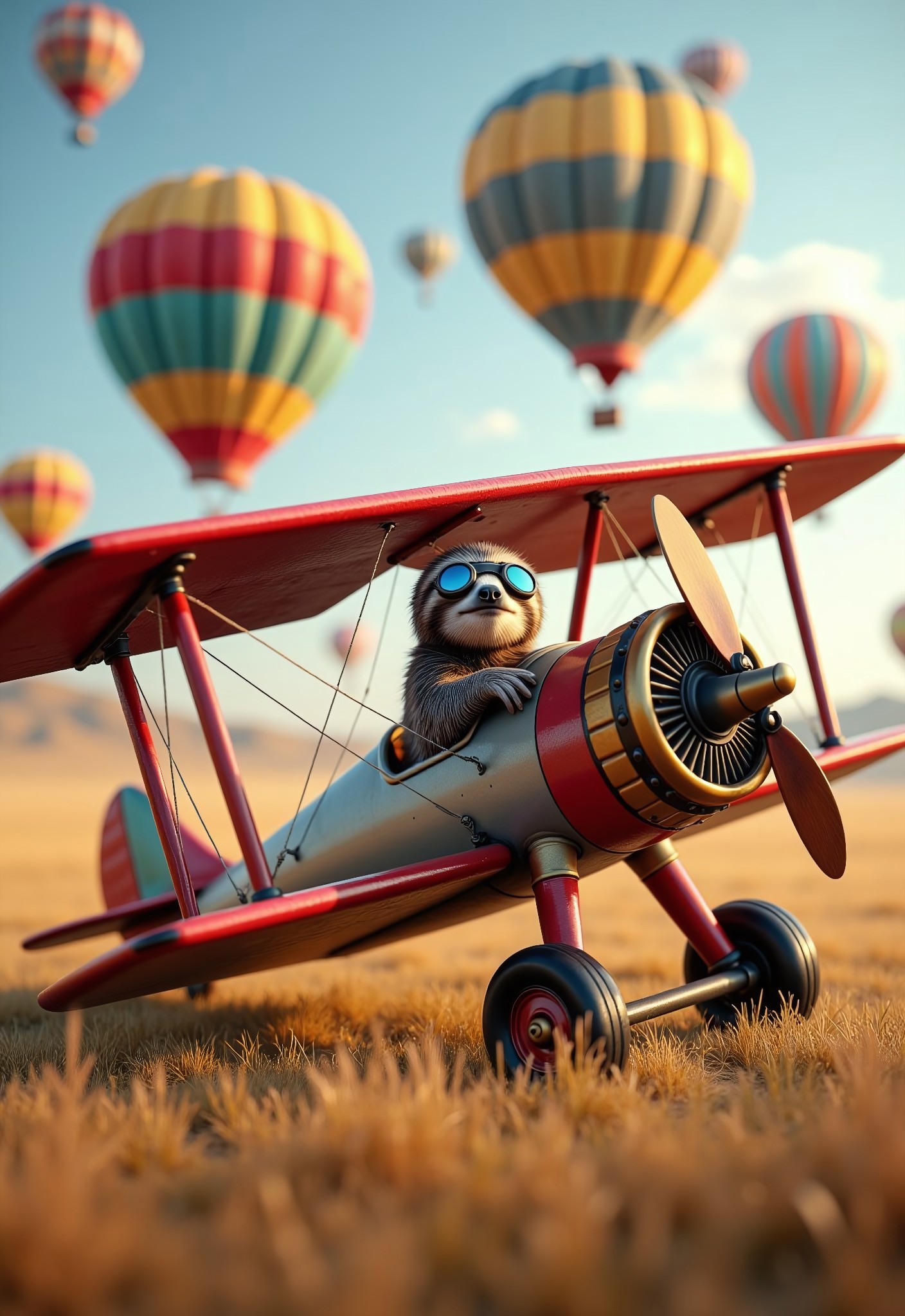 aidmaimageupgrader, a high quality digital image of an intricate classic biplane parked up in a field nearly ready for takeoff, we can just about see a confused sloth sitting in the pilot seat, he's wearing flying goggles, he's such a silly sloth, he doesn't know how to fly a biplane. The main focus of the image is the biplane and we see bright and vivid coloured hot air balloons in the background