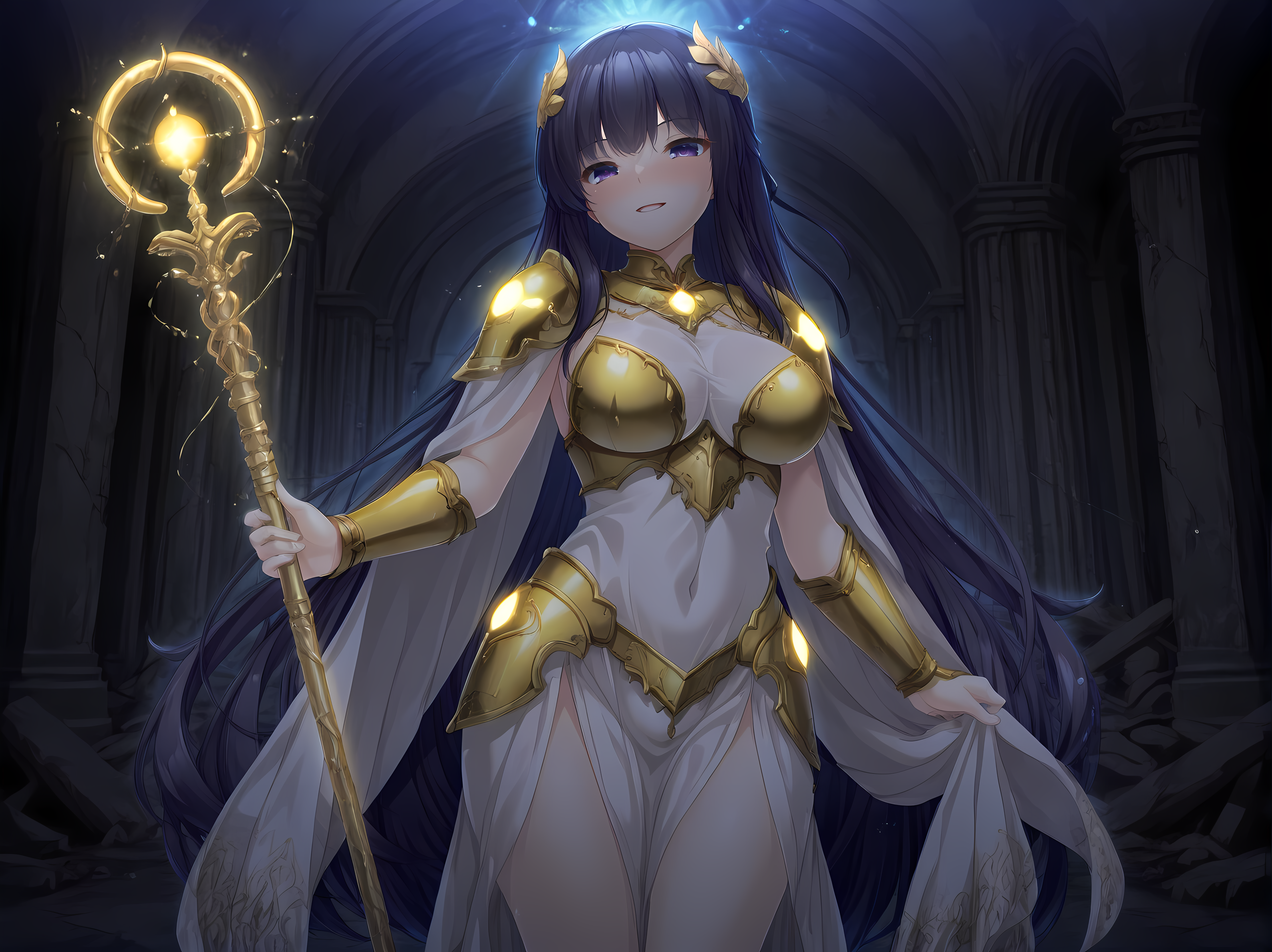 kagami,parted lips,escude,breasts,long hair,large breasts,black hair,purple eyes,very long hair,blush,smile,<lora:Kagami_Shura_-_Illustrious:1>,looking at viewer,(mythical character:1.3) adorned in (golden armor:1.2),intricate patterns,flowing (silk cape:1.1),holding a (glowing staff:1.5),surrounded by (ethereal light:1.2),celestial background,(ancient ruins:1),dramatic lighting,, masterpiece,best quality,amazing quality,