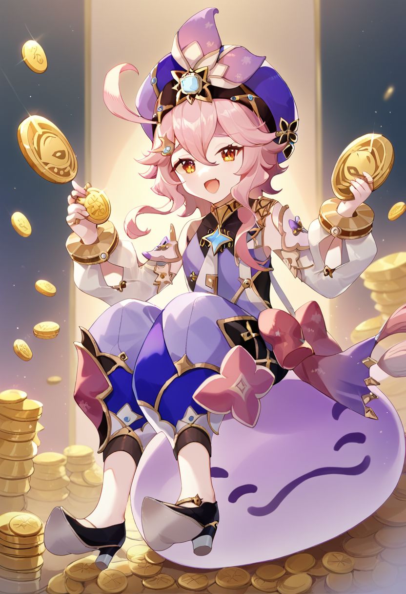 score_9, score_8, score_7, dori (genshin impact), open mouth, bow, gold trim, holding coin, sitting, shoes, detached long sleeves, :d, multiple rings