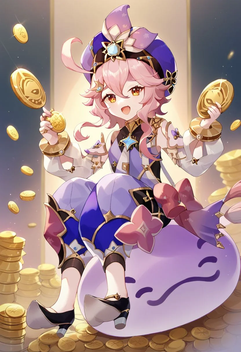 score_9, score_8, score_7, dori (genshin impact), open mouth, bow, gold trim, holding coin, sitting, shoes, detached long sleeves, :d, multiple rings
