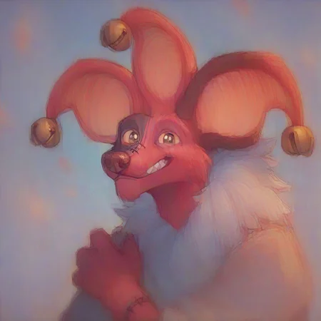 score_9, score_8_up, score_7_up, score_6_up, score_5_up, score_4_up, source_cartoon BREAK HyeheheMSMXL, red body, stitches, neck fluff, white neck fluff, 3 ears, jingle bells, jingle bells on ears, 1 jingle bell per ear, orange inner ears, yellow sclera, brown eyes, brown nose, sharp teeth, canine snout, white spade symbol on arm, spade symbol, white diamond symbol on thigh, red and white jester shoes, looking at viewer, smiling, happy, closed mouth, bust, pfp, cartoon, art by raytrac3r, toony, white pupils, digital media, thick lines, high contrast, vector BREAK best quality, 4k, 8k, 10k, 32k, HD, UHD, absurd quality, uploaded on DeviantArt