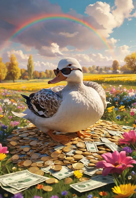 cartoon-style scene of a fabulously wealthy duck, vibrant field filled with fluttering dollar bills, wearing a lavish gold chain, sunglasses, looking relaxed. Oversized coins, colorful flowers swaying in the breeze. Bright, sunny, with a rainbow arching overhead, adding to the whimsical and extravagant atmosphere of this rich duck's dreamland.
[style of greg rutkowski,janek sedlar,jenny saville:0]  <lora:vivid_everclear:0.35>  <lora:Sinozick:0.35>  <lora:MJ52:0.35>