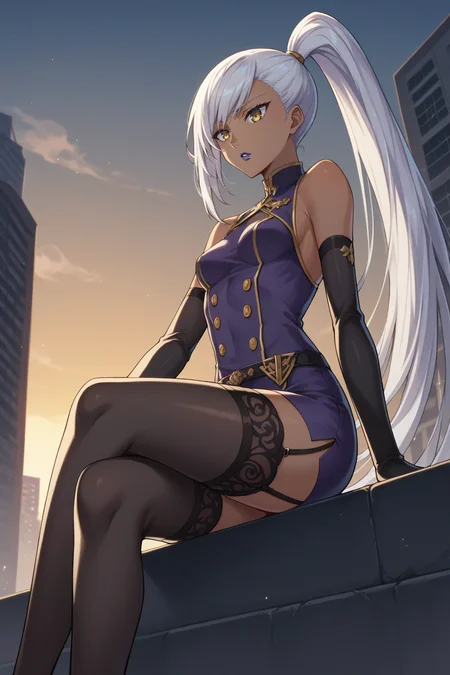 score_9, score_8_up, score_7_up, source_anime, 1girl, prefect lighting, very aesthetic, intricate details, highly detailed background, masterpiece, high quality, prefect hands, best quality, solo,
<lora:Villetta_Nu_Code_Geass_V2:.85>, KJOVilletta, white hair, yellow eyes, long hair, dark skin, purple lipstick, high ponytail,
purple military uniform, bare shoulders, elbow gloves, black pencil skirt, thighhighs, garter belt, 
expressionless, parted lips, from below, sitting on ledge, crossed legs,
city, street, sunset,
(Beautiful, small Breasts:1.2), natural breasts,