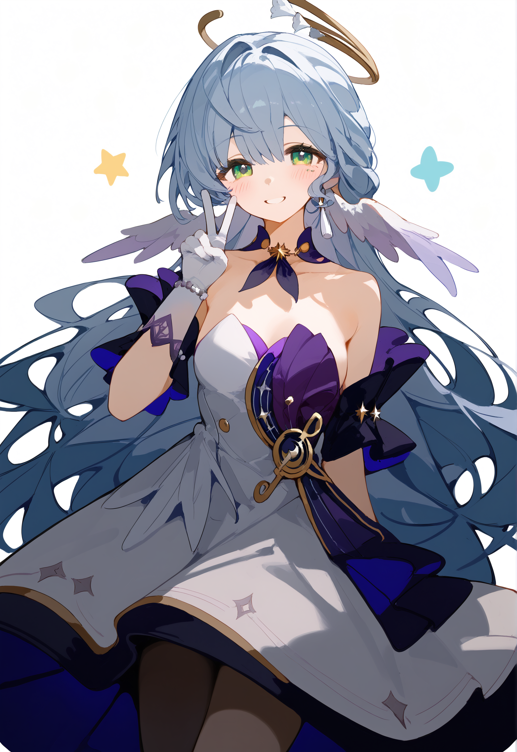(score_9, score_8_up, score_7_up), zPDXL, 1girl, robin_\(honkai:_star_rail\), head_wings, bare_shoulders, white_gloves, detached_sleeves, strapless_dress, white_dress, short_sleeves, white_pantyhose, solo, blush, smile, v, (simple background, white background:1.2), bunti, <lora:mikozin__Blue_archive_style:0.5> <lora:bunti_pony:0.8> <lora:robinponyxl:1>