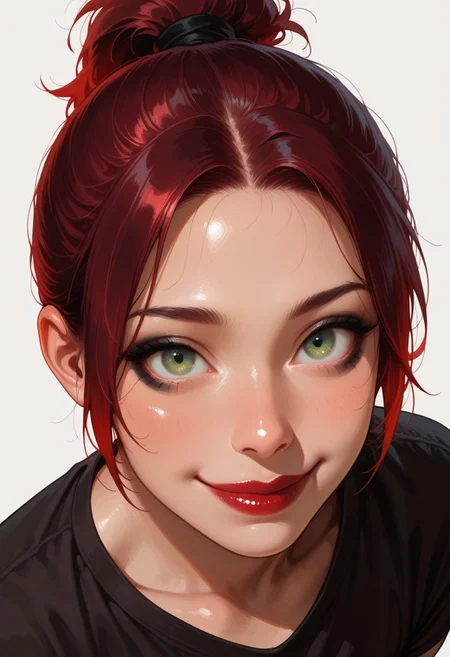 Masterpiece, best quality, amazing quality, newest, highres, 8k, very aesthetic, realistic,
1boy, solo, femboy, Max, dark red hair, short hair, ponytail, black eyeliner classic, green eyes, red lipstick, smile, face focus, light background, from above (dutch angle),