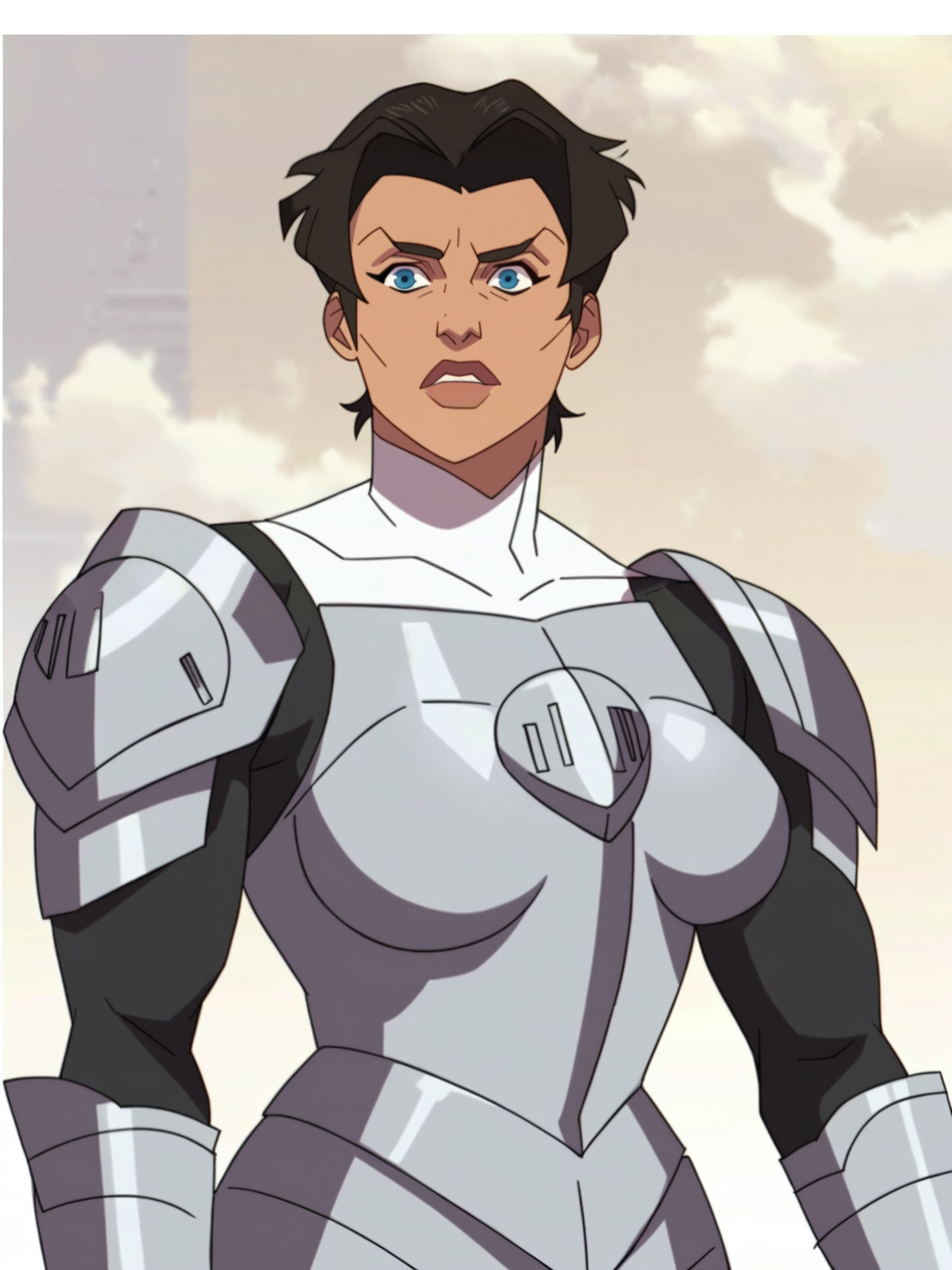 <lora:Viltrumit:0.9>, v_um, 1girl, blue eyes, brown short hair,     ((steel knight armor)), castle background, score_9, score_8_up, score_7_up,