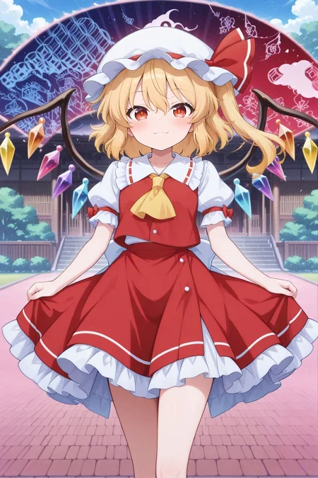 absurdres, highres, masterpiece, best quality, amazing quality, official anime artwork, screencap, anime screencap, outdoors, looking at viewer, light smile, dynamic pose,
<lora:Flandre-Scarlet_IllustriousV2:1> flandre scarlet, 1girl, solo, red eyes, blonde hair, one side up, hair between eyes, wings,, mob cap, hat ribbon, red shirt, puffy short sleeves, ascot, red skirt,
<lora:Yuyuko's-Fan-Aura_Illustrious:1> yuyuko-fanaura, background, cloud, folding fan, chariot, pink aura, flower,