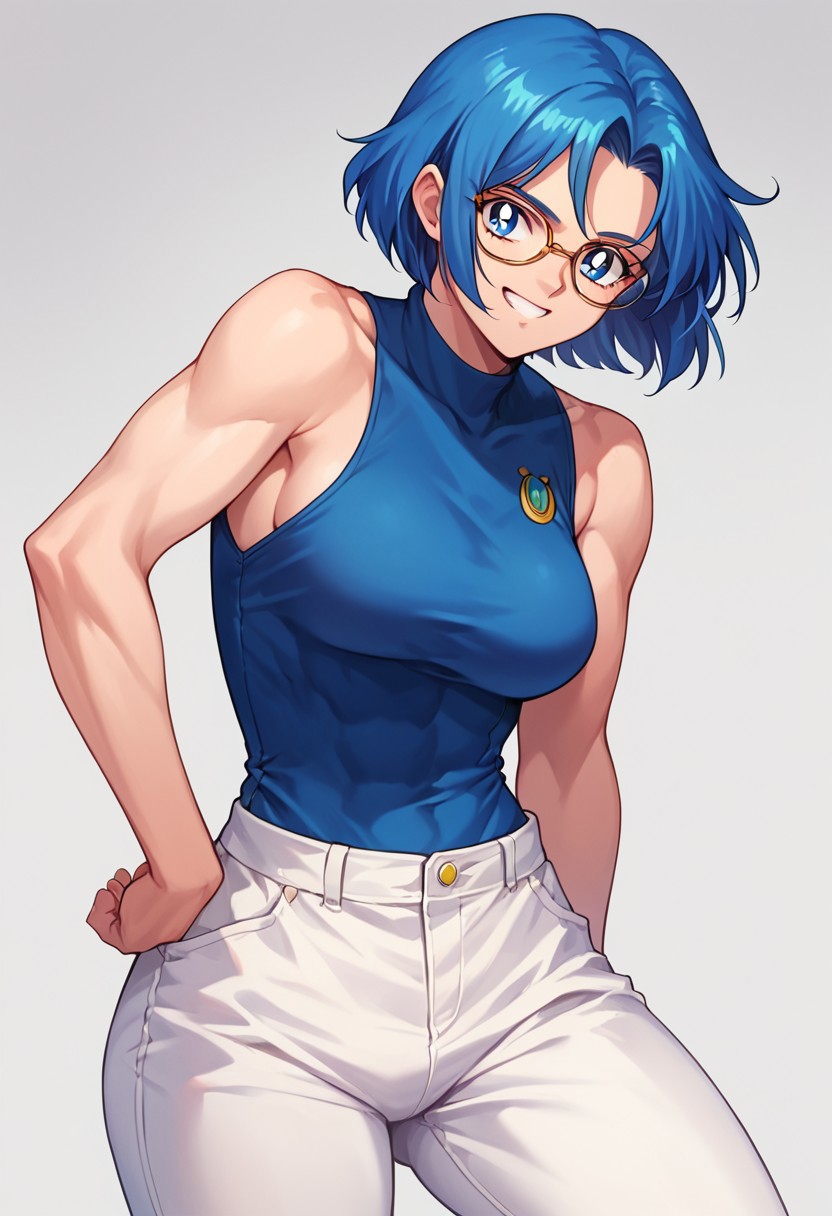 (masterpiece), best quality, a 19 year old girl with (long blue capri hair) and blue eyes, she wears a navy blue sleeveless shirt, white pants and glasses, she has a little muscle, smiling, score_9, score_8_up, score_7_up, source_anime, score_9, score_8_up, score_7_up, sm90s