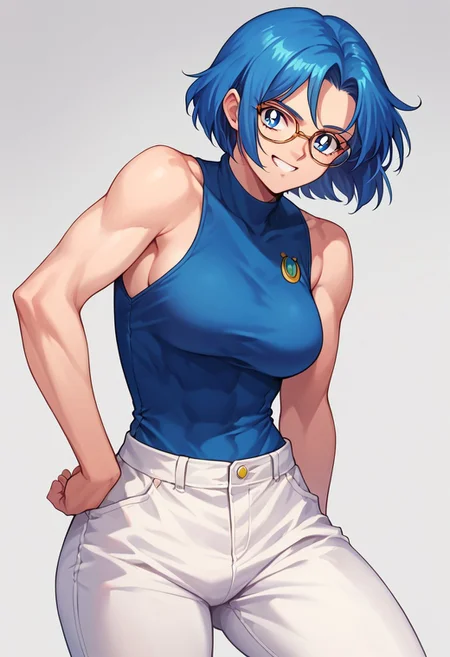 (masterpiece), best quality, a 19 year old girl with (long blue capri hair) and blue eyes, she wears a navy blue sleeveless shirt, white pants and glasses, she has a little muscle, smiling, score_9, score_8_up, score_7_up, source_anime, score_9, score_8_up, score_7_up, sm90s