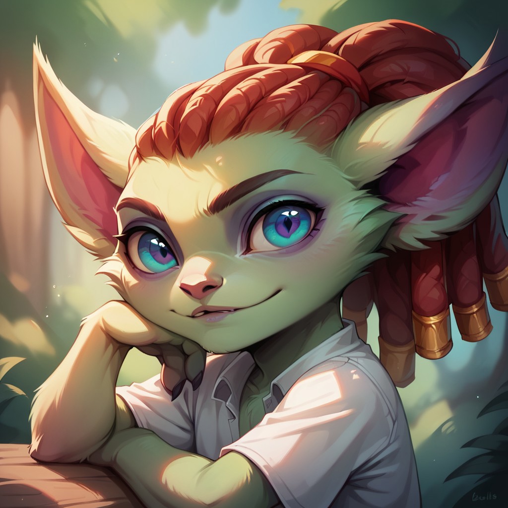 (((detailed, beautiful, high quality))), score_9, score_8_up, score_7_up, upper body,
yordle, short stature, shortstack, pointed ears, big eyes, fur,
1 male, green fur, red hair, dreadlocks, blue eyes, white top, 
looking at the viewer, posing, 
forest background, blurred background,