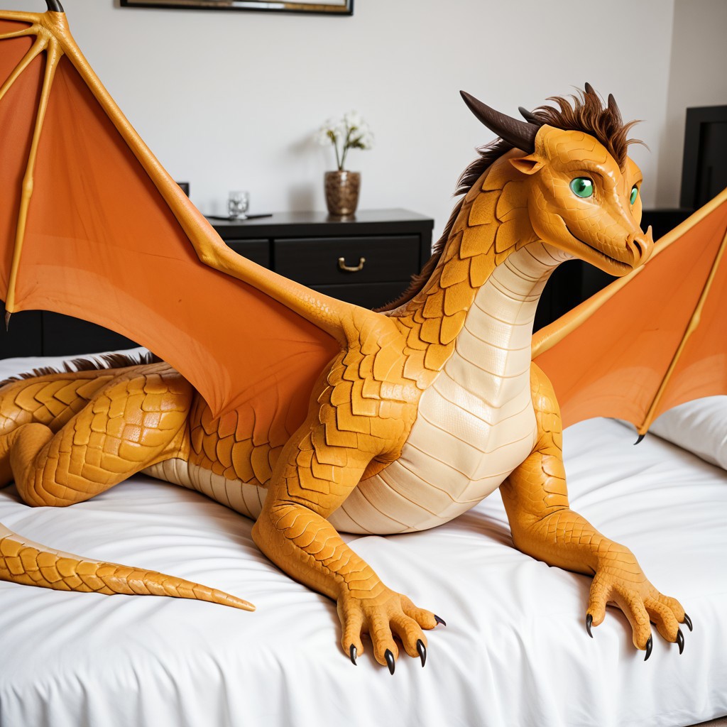 score_9, score_8_up, score_7_up, score_6_up, score_5_up, score_4_up, masterpiece, high quality, realistic, detailed, best quality, white bed, solo, rating_safe, source_furry, bedroom, smiling, happy, ((looking at viewer:1.2)), lying on belly, feral, Sandwing, yellow scales, dragon, scales, horns, claws, wings, tail, Sunny_wof, sandwing_wof, dragon, brown horns, claws, tail, golden scales, pale yellow underbelly, brown back mane, small nose spike, orange wings, green sclera, black slit pupils, 1girl, female, spread wings, close up