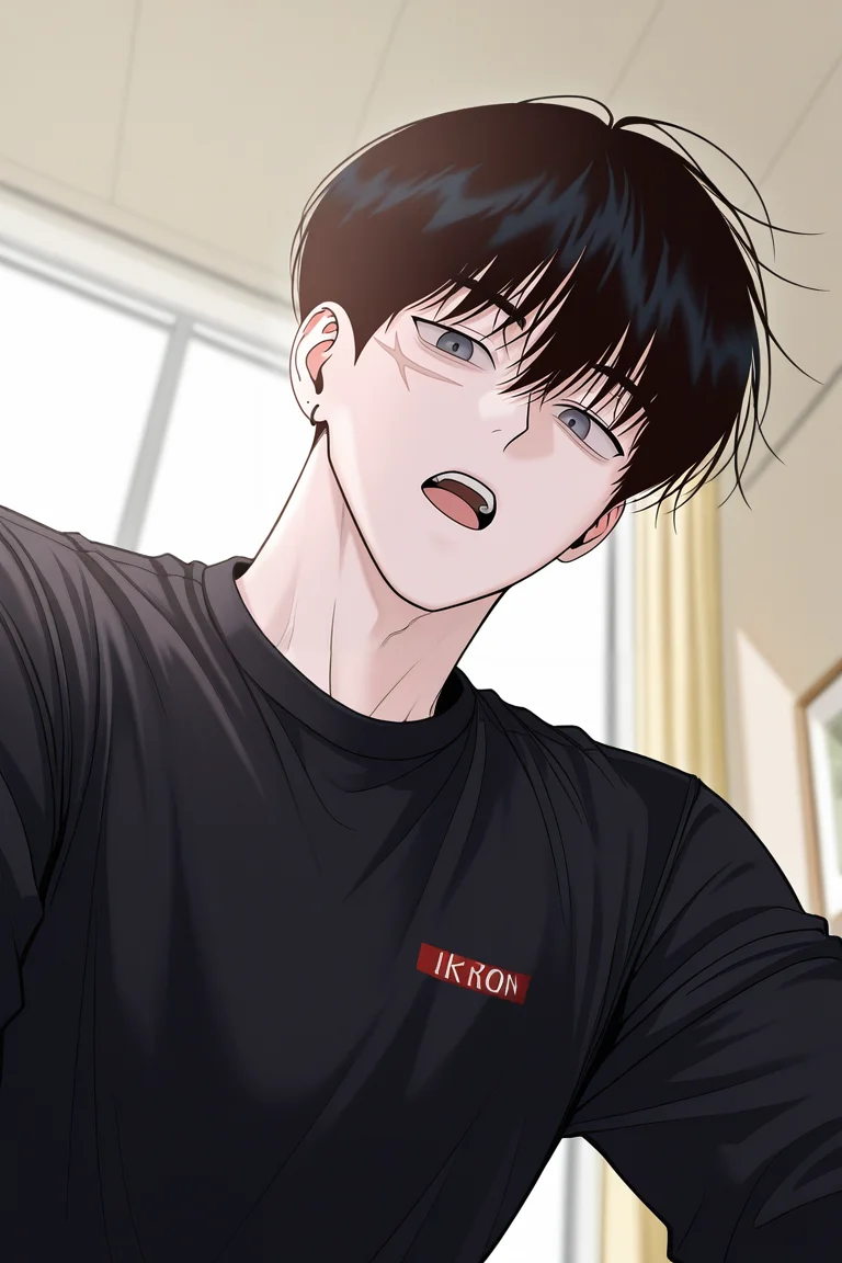 masterpiece, best quality, amazing quality, very aesthetic, high resolution, ultra-detailed, absurdres, newest, scenery, volumetric lighting, depth of field,anime screencap, , , 1boy, solo, male focus,<lora:yoonwon:0.77>,goo yoon won,black hair,grey eyes,short hair,bangs,hair between eyes,scar,scar on face,looking at viewer, open mouth, shirt, long sleeves, upper body, indoors, black shirt,from below,earring, piercing,right ear bare
