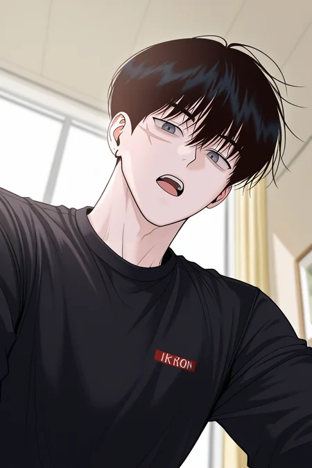 masterpiece, best quality, amazing quality, very aesthetic, high resolution, ultra-detailed, absurdres, newest, scenery, volumetric lighting, depth of field,anime screencap, , , 1boy, solo, male focus,<lora:yoonwon:0.77>,goo yoon won,black hair,grey eyes,short hair,bangs,hair between eyes,scar,scar on face,looking at viewer, open mouth, shirt, long sleeves, upper body, indoors, black shirt,from below,earring, piercing,right ear bare