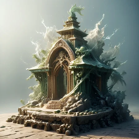 8k,hi res,(surreal,score_9, score_8_up, score_7_up, score_6_up),realistic analog photo, award winning photo,magnificent, celestial, ethereal, painterly, epic, majestic, magical, fantasy art ,((The Elven style:1.5)),((Elven Tower,Pagoda)),(((a tall green transparent jade arched fairy-tale elven tower decorated with golden mythical creatures statues and shining with magical light, where magical runes seem to be perfectly intertwined with the archetecture of the tower))), where natural elements run amok (((the power of the storm, the power of lightning, the power of fire))) ((beautiful ancient fairy garden of emerald jade runestones)),(realistic detailed background),<lora:glowneon_xl_v1:0.75> glowneon,STX&ChrisHrrFrstF, <lora:Tempest_Magic_-_XL_Grimoire:1>, tempestmagic