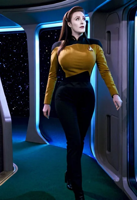 Star Trek TNG, TV Still, sexy female Data wearing a yellow starfleet uniform, walking through the door of the Main Bridge, his right arm up, solo focus, full body, long hair, large breasts, big boobs, huge tits,  insane big tits, genderswap, gender bender, <lora:StarTrekTNG-v7:1>
BREAK
on the Enterprise, Star Trek TNG, TV still, 4K