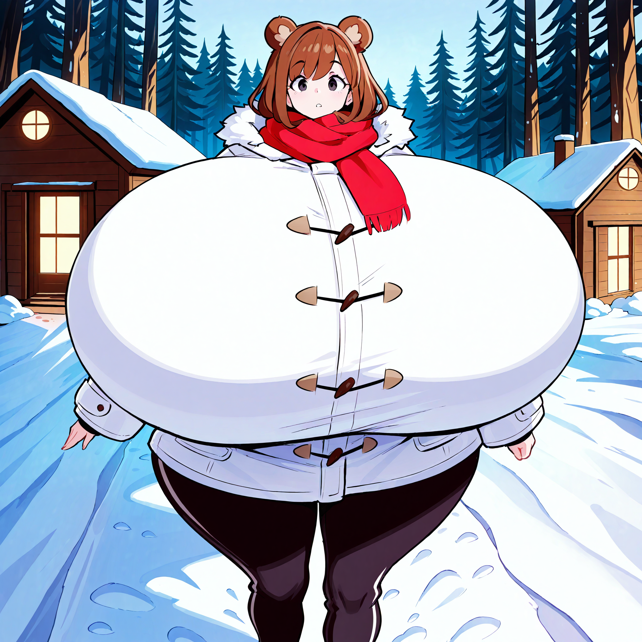 (masterpiece), best quality, (highly detailed), 1female, solo, <lora:Theycallhimcake_style illustrious:0.8>, bear ears, brown hair, black eyes, hyper breasts, wide hips, white winter coat, pants, fitting clothes, forest, snow, cabin, red scarf, looking at viewer, walking, blank expression,
