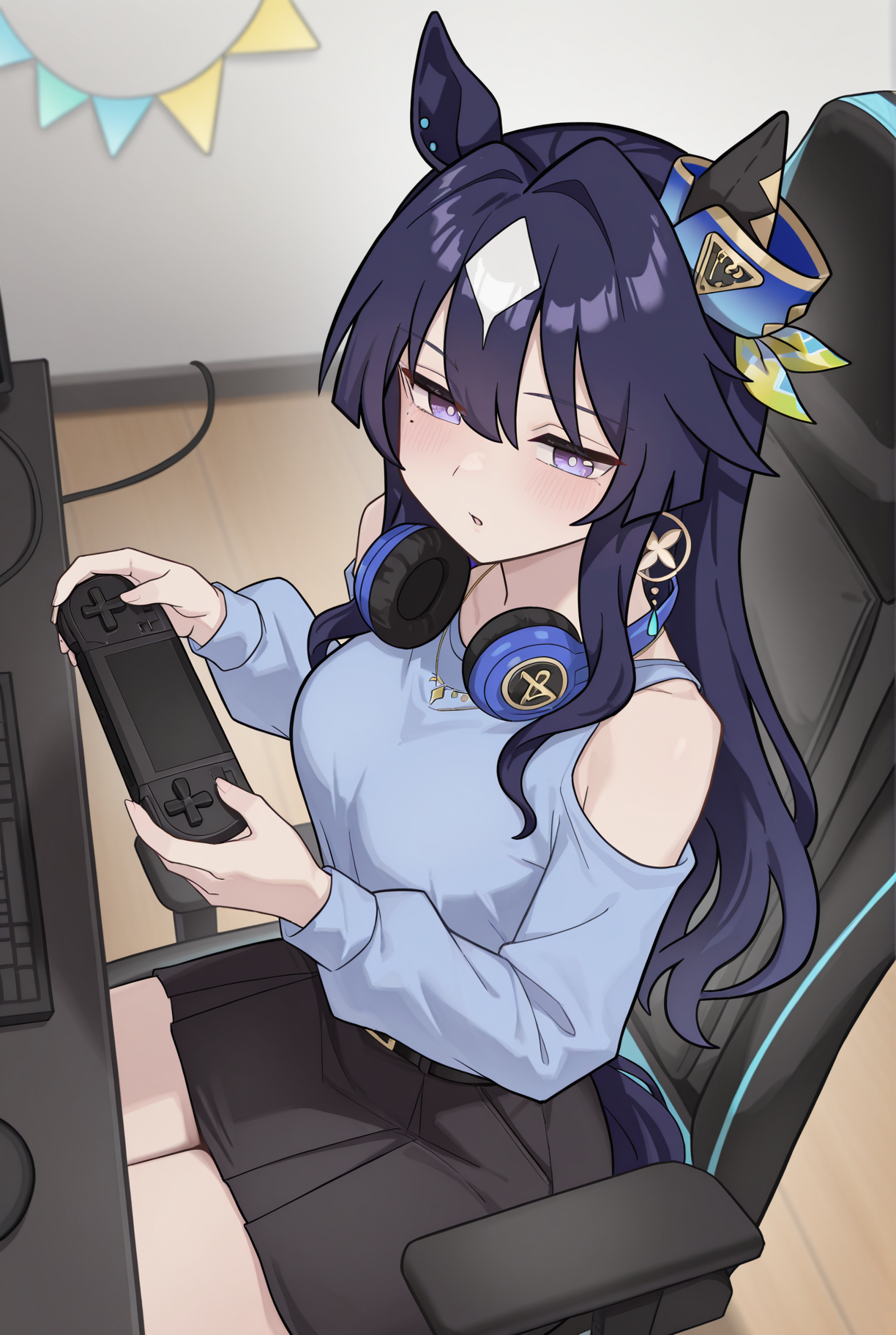 (masterpiece, best quality, ultra detailed), (perfect face, detailed face), Aza style
newest,absurdres,highres, newest,very awa, anime, (dutch angle:1.4),
side view, computer, gaming chair, sitting, headphones around neck, streamers, playing games, from above,
casual,bare shoulders,belt,black belt,black skirt,buckle,jewelry,long sleeves,off shoulder,blue shirt,shirt,shoulder cutout,skirt,
verxina \(umamusume\), horse ears, animal ears, horse girl, long hair, hair between eyes, dark blue hair, mole under eye, purple eyes, horse tail, blue eyes, <lora:Verxina:0.8> <lora:Aza_style-000008:1>
