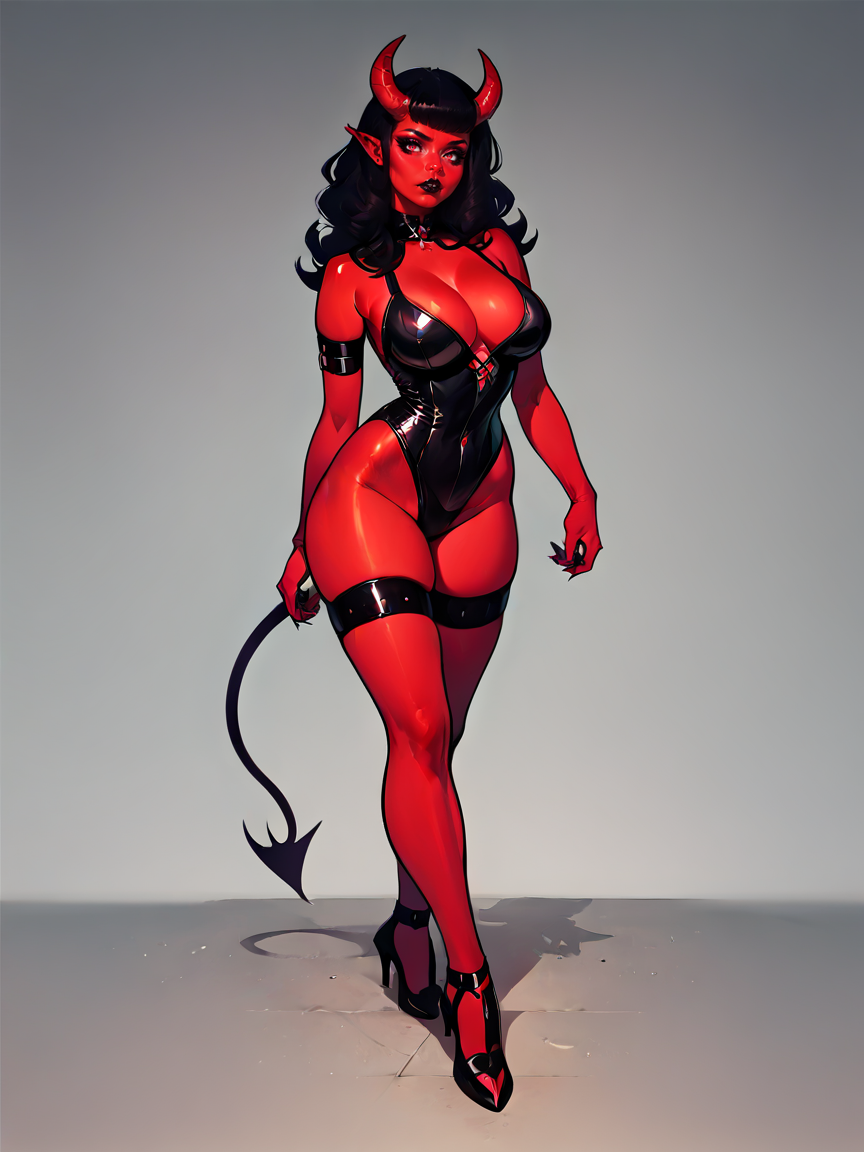 score_9, score_8_up, score_7_up, score_6_up, score_5_up, score_4_up,  <lora:d3v1lg1rlXLP2:0.7> d3v1lg1rl, black hair, makeup, colored skin, demon girl, demon horns, r3d skin, full body,